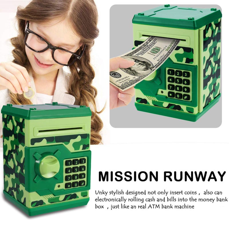 Qwifyu Piggy Bank for Boys Girls, 4 5 6 7 8 9 10 Year Old Girl Boy Birthday Gift Ideas, Electronic Password Money Saving Box ATM, Great Gift Safe Bank Toys for Kids (Camouflage Green) - Image 3